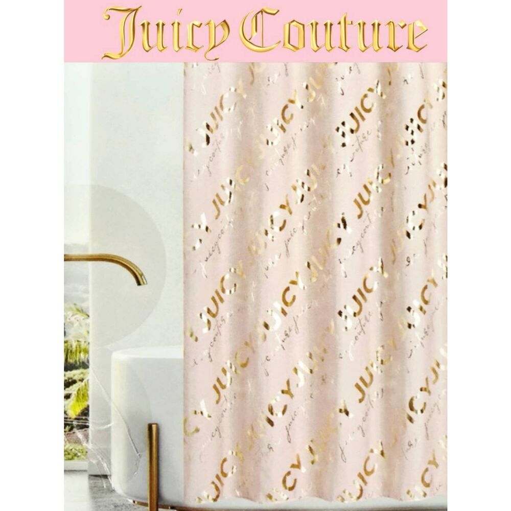 Juicy Couture Home Signature & Bold Print Gold Foil Logo Shower Curtain w/Hooks